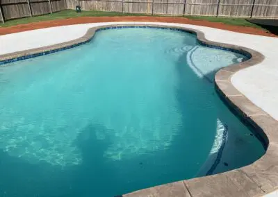 Backyard freeform swimming pool with clear turquoise water and concrete deck