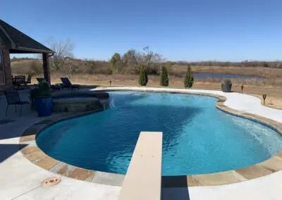 Backyard freeform pool with diving board, spa, patio, and pond view
