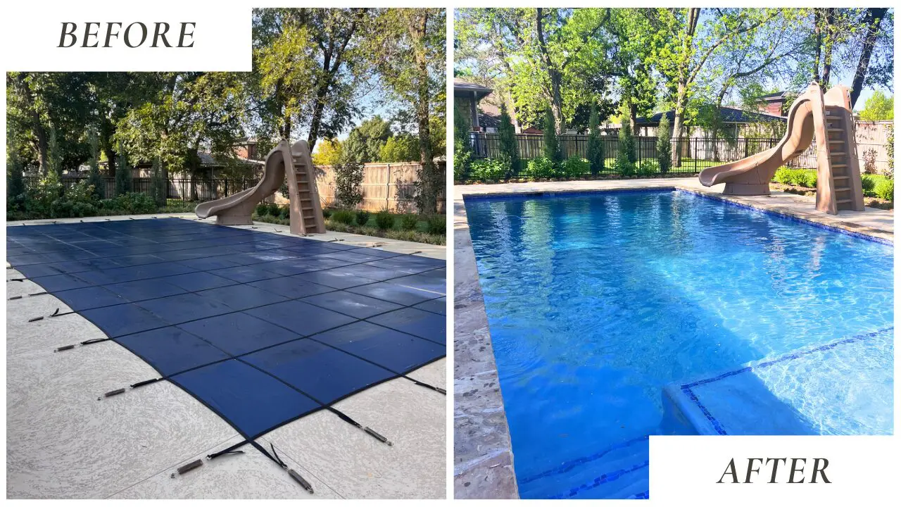 before and after residential pool showing safety cover removed, crystal clear water
