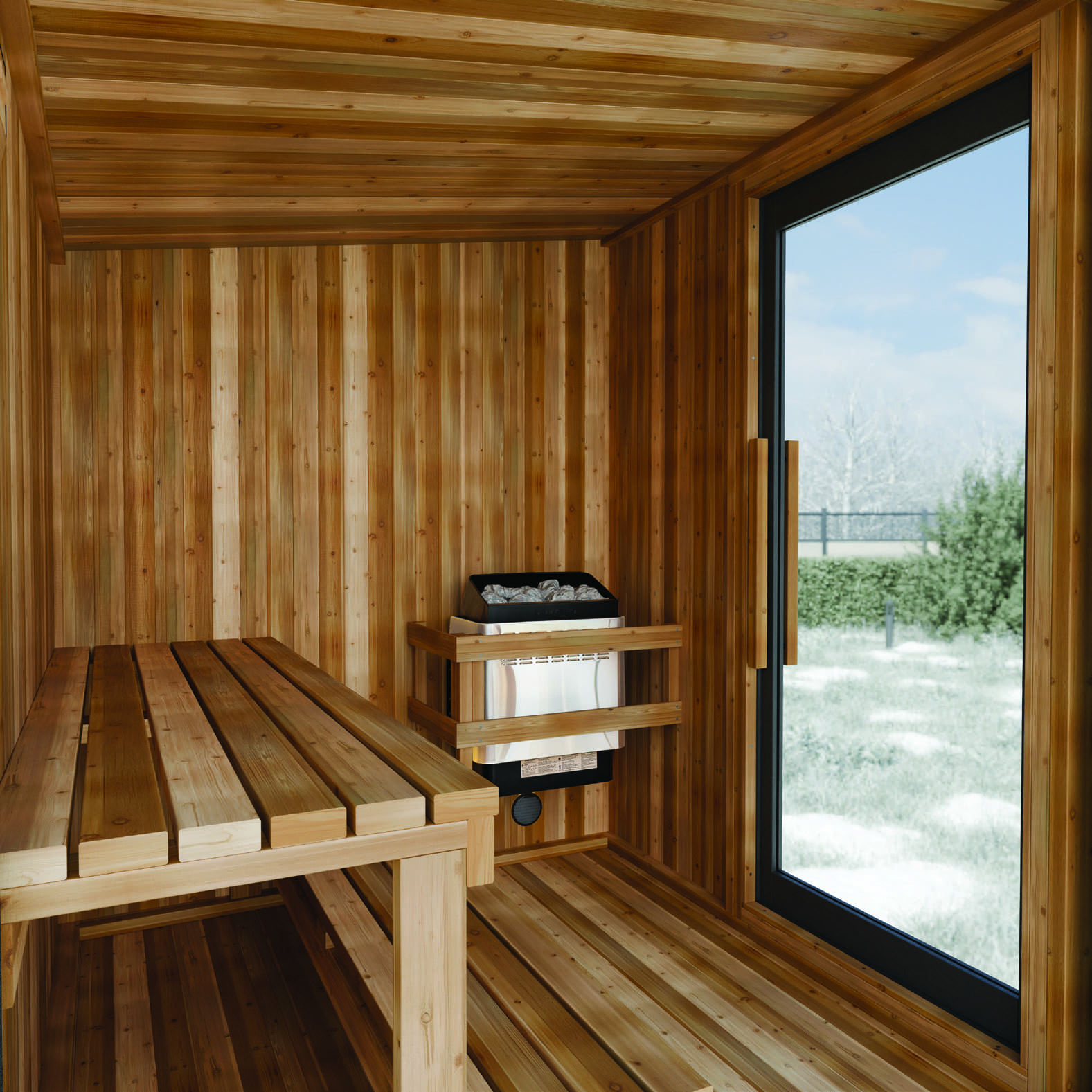 Wood-paneled sauna interior with bench and heater, glass door to yard