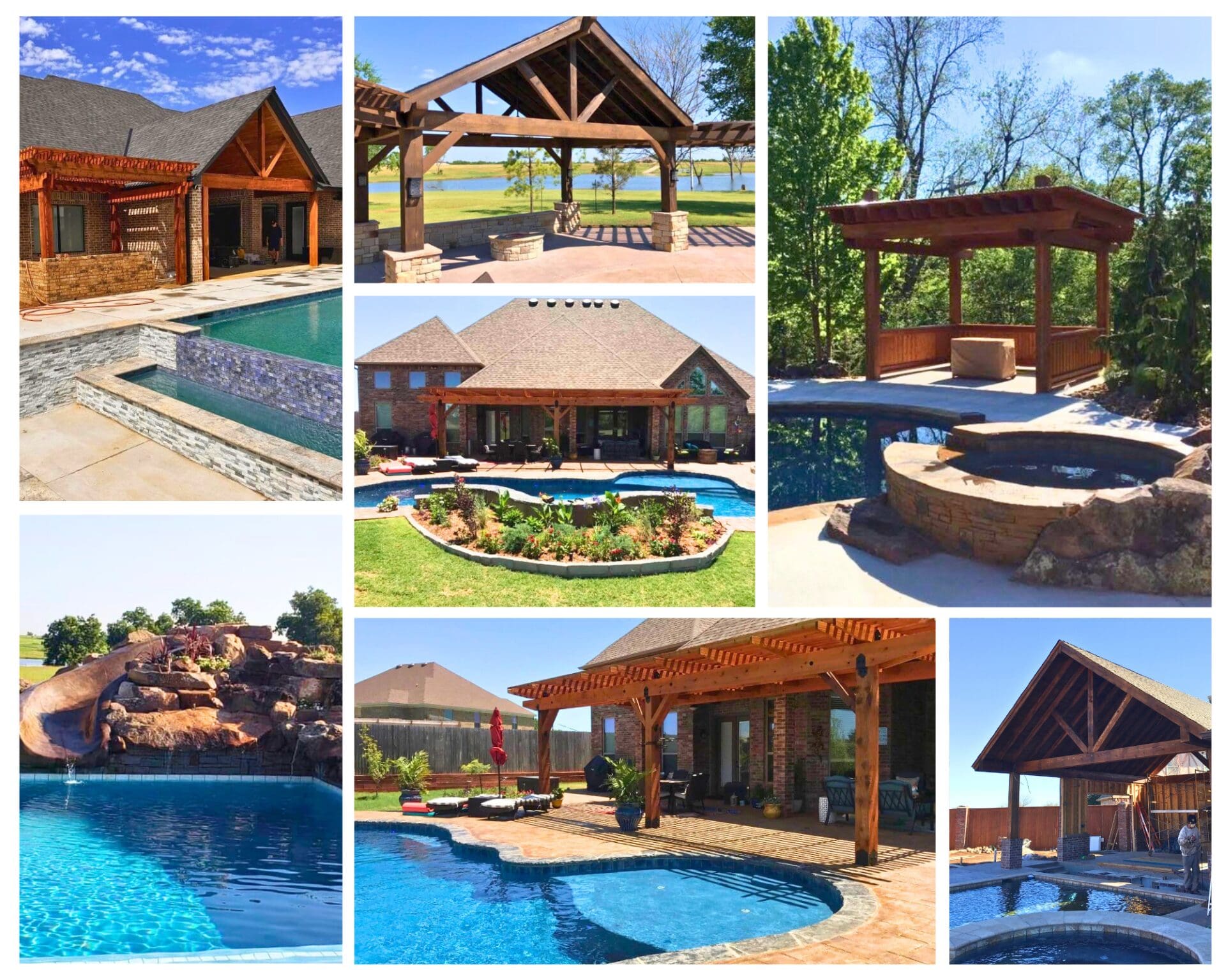 Backyard pool retreat with pergolas, spa, patios, stone hardscapes, and landscaping